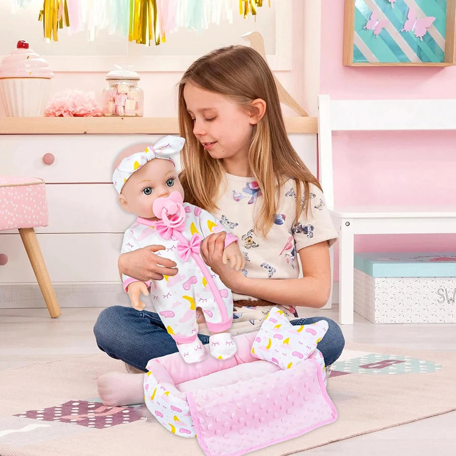 Baby Doll Bedtime Set - 12 Inch Soft Body Doll with Sleeping Accessories: Bed, Pillow, Blanket, Pajamas, Eye Mask, Slippers, Pac