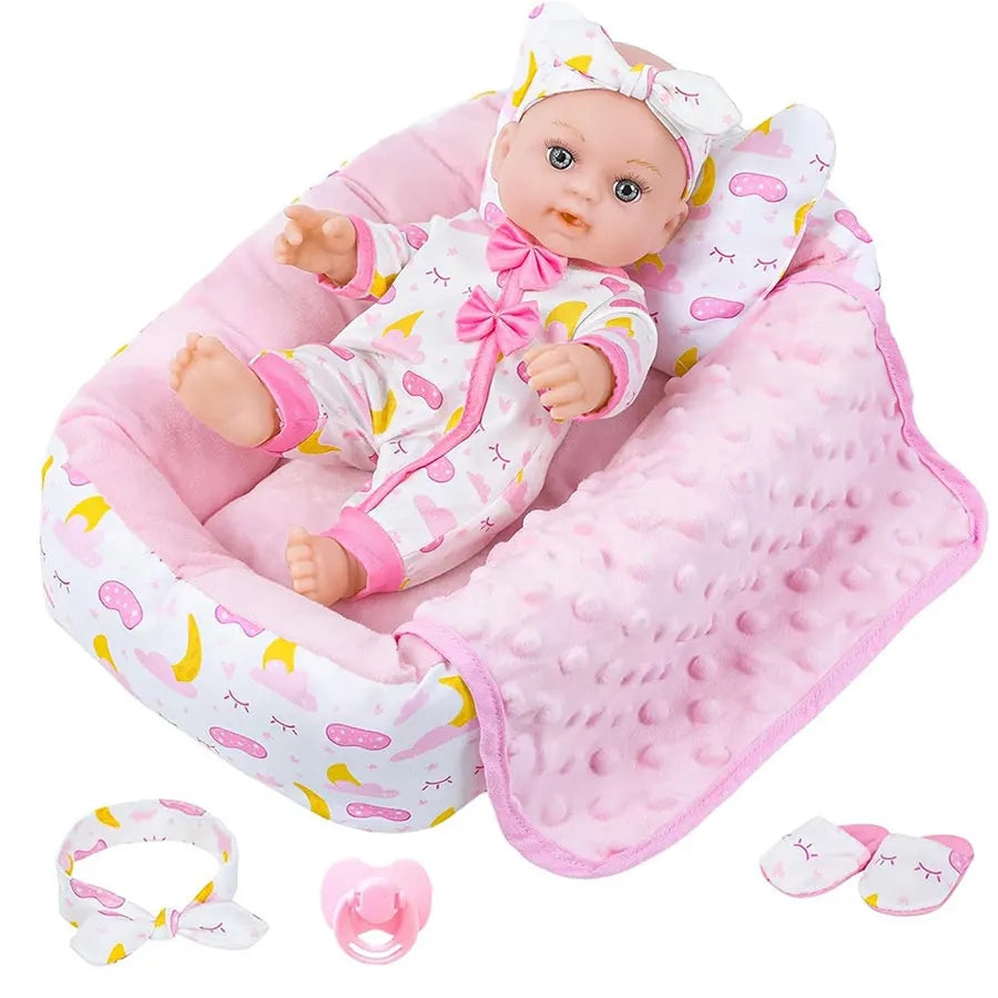Baby Doll Bedtime Set - 12 Inch Soft Body Doll with Sleeping Accessories: Bed, Pillow, Blanket, Pajamas, Eye Mask, Slippers, Pac