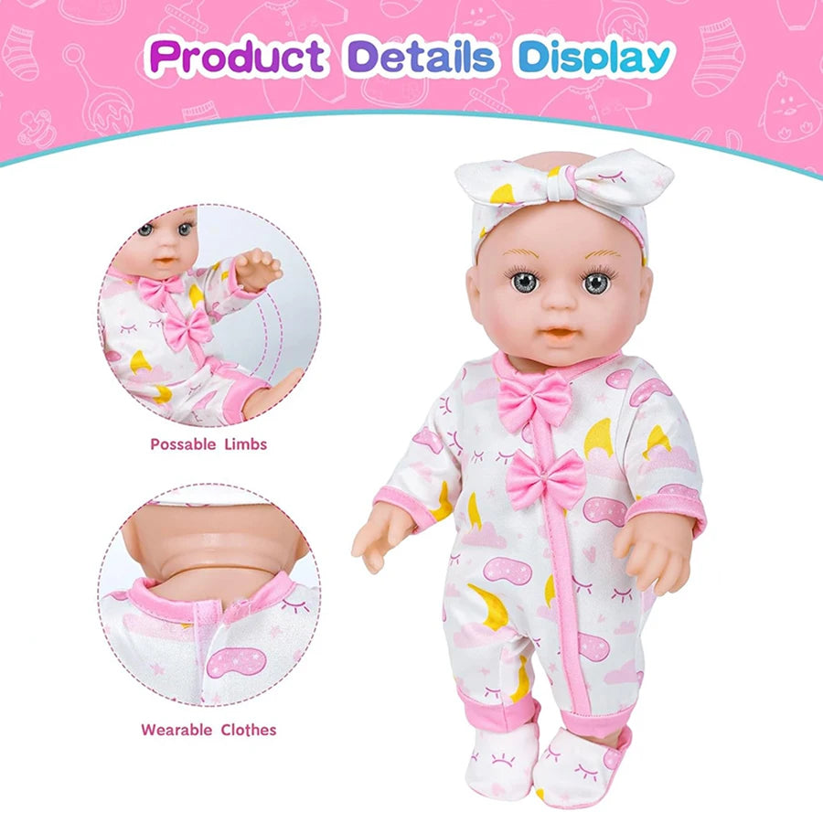 Baby Doll Bedtime Set - 12 Inch Soft Body Doll with Sleeping Accessories: Bed, Pillow, Blanket, Pajamas, Eye Mask, Slippers, Pac