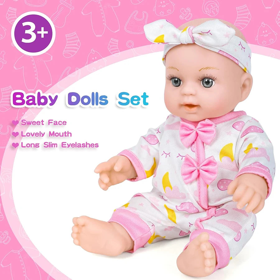 Baby Doll Bedtime Set - 12 Inch Soft Body Doll with Sleeping Accessories: Bed, Pillow, Blanket, Pajamas, Eye Mask, Slippers, Pac