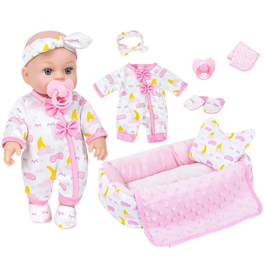 Baby Doll Bedtime Set - 12 Inch Soft Body Doll with Sleeping Accessories: Bed, Pillow, Blanket, Pajamas, Eye Mask, Slippers, Pac